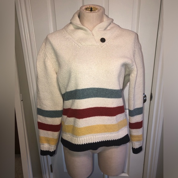 L.L. Bean Sweaters - Unique L.L. Bean Cream Striped Shawl Neck Sweater HBC Hudsons Bay style